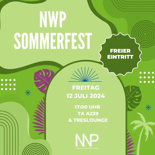 +++Reminder zum NWP e.V. Sommerfest+++  Liebe Mitglieder und Interessierte,
*diesen Freitag* findet unser alljähriges Sommerfest des NWP e.V. ein! Wir wollen wie jedes Jahr grillen und stellen natürlich auch einige vegetarische Speisen. Wer sich beteiligen will und bspw. noch einen Salat mitbringen will, kann sich gerne hier eintragen:
 https://docs.google.com/document/d/1aZNC9cIUohOZr0PP4yrdaTAuAdik38w4_M1pjj235aI/edit?usp=sharing  Auf der Mitgliederversammlung wird übrigens der neue Vorstand gewählt. 🗳️  Es werden viele Plätze frei und wir freuen uns auf euer Engagement. Wenn ihr es nicht zur MV schafft, könnt ihr auch in Abwesenheit gewählt werden! Meldet euch einfach bei uns.  Datum: 12.07.2024
Mitgliederversammlung: 17:00 Uhr im Raum TA A239
Sommerfest: im Anschluss an die Mitgliederversammlung
Ort: Treslounge  Es wird gegrillt und die Trese hat für euch geöffnet. Freut euch auf leckere Speisen, kühle Getränke und eine entspannte Atmosphäre. 
Wir freuen uns auf euer Kommen und auf ein schönes gemeinsames Sommerfest!  Herzliche Grüße,
Euer NWP e.V. Team
