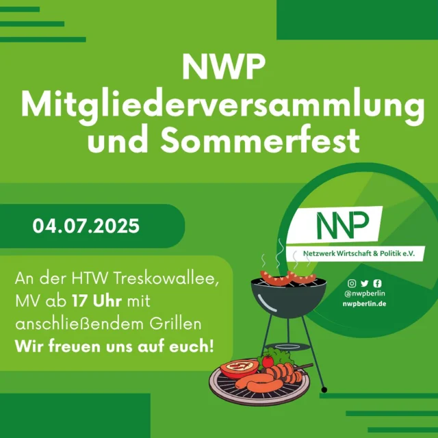 📣 MV & Sommerfest am 04.07.
Wir laden euch herzlich zur Mitgliederversammlung 2025 ein – und danach wird gefeiert! 🎉🌭🍻  📍 HTW Berlin, Campus Treskowallee
🕔 Start: 17 Uhr
📩 Raum? Schreibt uns einfach eine DM!  💡 Auch (noch) Nicht-Mitglieder sind willkommen – perfekte Gelegenheit, um uns kennenzulernen und Mitglied zu werden 💚  #nwp #sommerfest #mitgliederversammlung #htwberlin