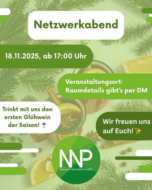 Hey Leute 👋  am 18.11.2025 ab 17 Uhr steht unser nächster Netzwerkabend vor der Tür! ❄️✨
Gönnt euch den ersten Glühwein der Saison 🍷 und lasst uns gemeinsam einen entspannten Abend verbringen. 💬
Für alle Details zu Ort & Zeit → schreibt uns einfach eine DM. 🤝  Vorher, von 15:30 bis 17:00 Uhr, findet im Audimax der Generationendialog der Hochschule für Ökonomie der HTW, anlässlich des 75. Jubiläums 🎉 statt.
Euch erwartet eine spannende Podiumsdiskussion im „FishBowl“-Format 🐟🪑.
Für Snacks & Getränken ist gesorgt. 🥨☕
Wir freuen uns darauf, viele bekannte Gesichter wiederzusehen und gemeinsam anzustoßen! 🥂  Wir danke Euch für den großartigen 1. Netzwerkabend im Wintersemester 2025/26! 💚  #nwpberlin #nwp #bwp #berlin #netzwerkabend #htwberlin #hochschulefueroekonomie #generationendialog #veranstaltung #gluehwein #netzwerk