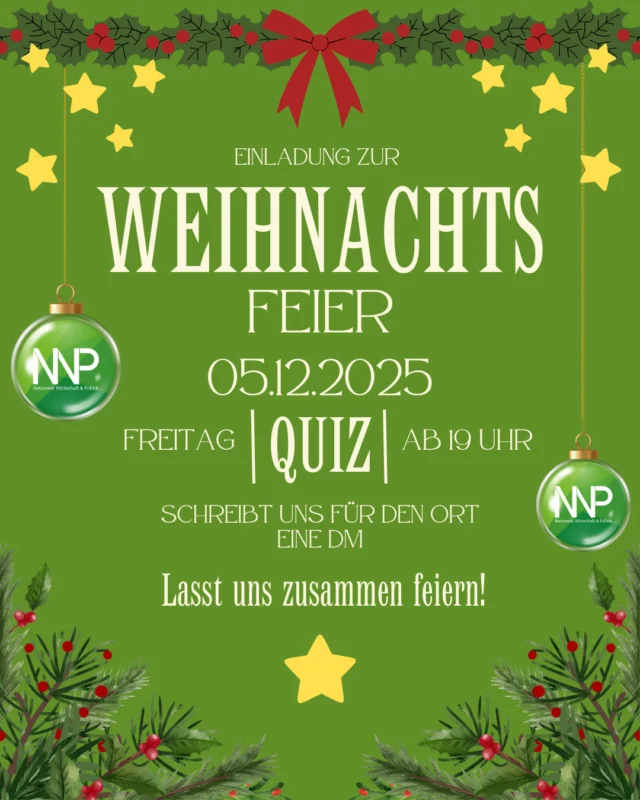 Liebe NWP-Mitglieder,  am 5.12. ab 19:00 Uhr feiern wir unsere Weihnachtsfeier 🎄 – mit Karaoke 🎤, schönen Gesprächen 🗣 und weihnachtlichen Snacks 🍪✨.
Es gibt Glühwein 🍷 und ab 20 Uhr ein Quiz mit tollen Gewinnen 🎁 (für Mitglieder).  Wir freuen uns sehr auf euch und einen gemütlichen Abend! ✨  Auf dem 2. Slide seht ihr einen kurzen Rückblick von unserer Ringbahntour 🔄 2025. Ihr habt diesen Abend unvergessen gemacht! 🫶  #Weihnachtsfeier #NWP #Karaoke #Glühwein #NWPBerlin #HTWBerlin #BWP #Ringbahntour #Berlin