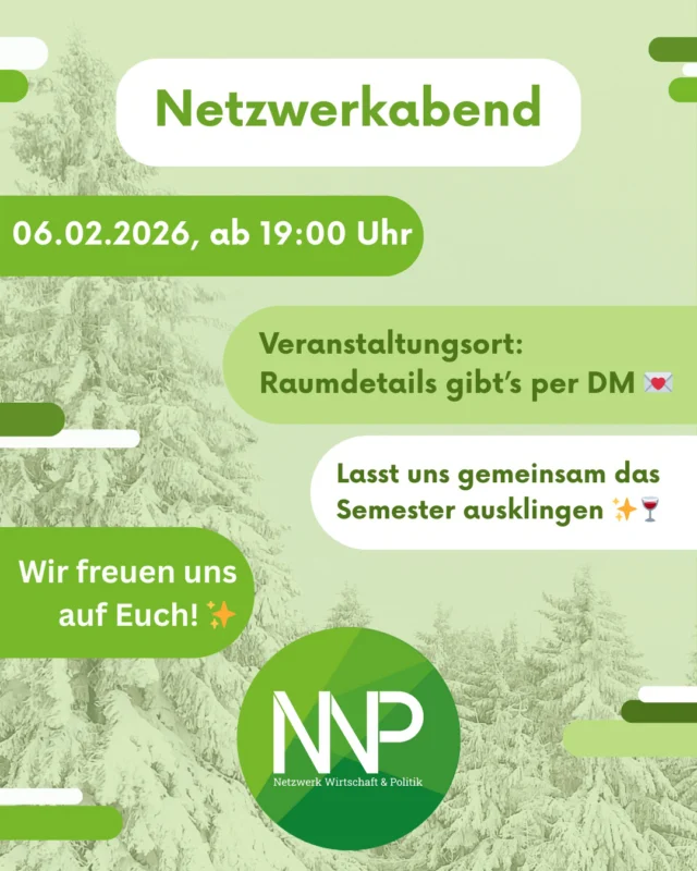 Hey ihr Lieben,  der erste Prüfungszeitraum ist fast vorbei 👀 und die Semesterferien sind nah. 🤗  Daher möchten wir mit Euch zusammen am 📅 06.02.2026 das nahende Semesterende bei einem gemütlichen Netzwerkabend ausklingen lassen. 💬🍷  📍 Schreibt uns gerne eine DM um genauere Details zum Veranstaltungsort zu erhalten. 💌  Wir freuen uns auf Euch 💚 ✨ und wünschen Euch weiterhin viel Erfolg bei den anstehenden Abgaben und Klausuren. 🚀  #nwpberlin #berlin #htwberlin #bwp #netzwerkabend #netzwerk