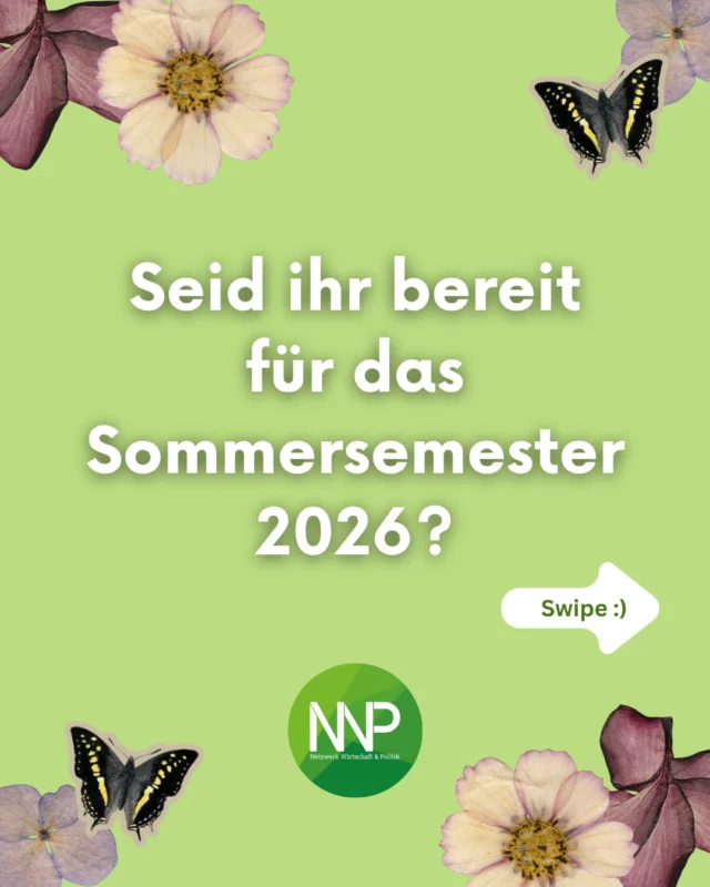 Hey ihr Lieben,
seid ihr bereit für das Sommersemester 2026? 🎓✨  Wir haben uns in der vorlesungsfreien Zeit schon ein paar Termine für euch überlegt:  🍻 15.04. ab 17:00 Uhr: Netzwerkabend
👔 24.04. ab 16 Uhr: BWP - Was dann? – mit Anmeldung
💬 24.04. ab 18:00 Uhr: Afterwork-Meetup
🗣️ 25.04.: Awareness-Workshop – mit Anmeldung
🍺 Mai: Exkursion
💼 Mai/Juni: How-to-Praktikum
🥳 03.07.: Mitgliederversammlung + Sommerfest  Wir freuen uns, euch zahlreich bei den Veranstaltungen begrüßen zu können.
Wer ist dabei? 🙌  Wenn ihr an BWP – Was dann? oder dem Awareness-Workshop teilnehmen möchtet, sendet uns sehr gerne eine DM für weitere Infos. 💌  Auf dem dritten Slide seht ihr den Vorstand in der Erholungsphase. 💆‍♀️💆
Wir hoffen, ihr hattet auch eine schöne und erholsame vorlesungsfreie Zeit und könnt mit voller Power durchstarten. 🚀  Bis bald,
euer NWP-Vorstand 💚  #Berlin #NetzwerkWirtschaftUndPolitik #HTWBerlin #Wirtschaft #Politik #NWPBerlin