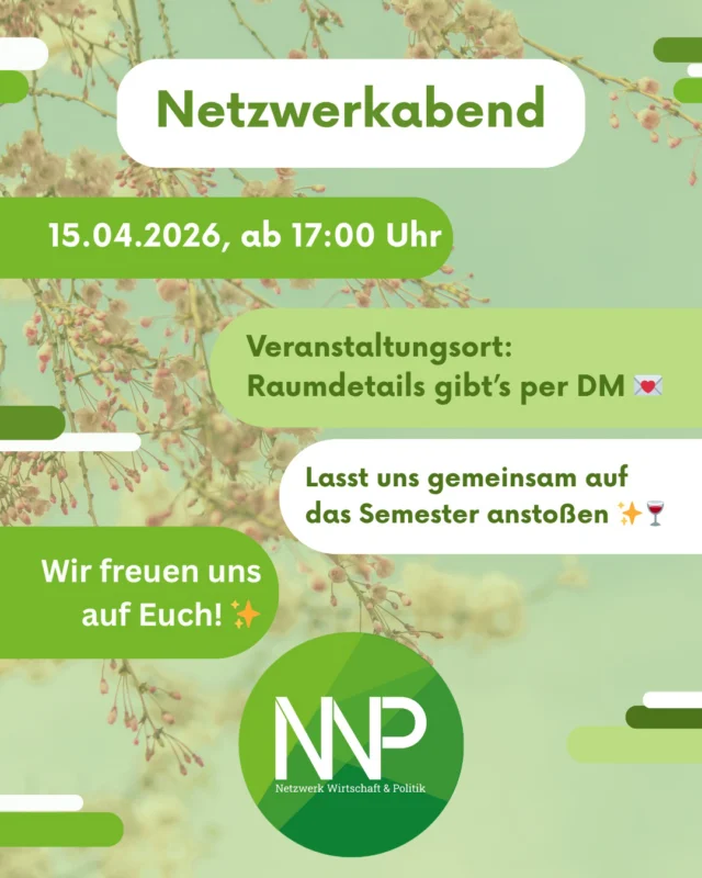 Hey ihr Lieben,
es geht direkt los mit dem ersten Netzwerkabend des Sommersemesters! 💬  Kommt sehr gerne ab 17:00 Uhr in die von uns reservierte Location.
Wo die ist? Schreib uns eine DM und du erhältst alle wichtigen Infos. 🤝  Sei dabei - wir freuen uns auf Dich! 🌸 🤗  📅	Mittwoch, 15.04.2026
🕔	ab 17:00 Uhr
📍	DM 💌  #Fruehling #HTWBerlin #Berlin #Spring #NetzwerkWirtschaftUndPolitik #Wirtschaft #Politik