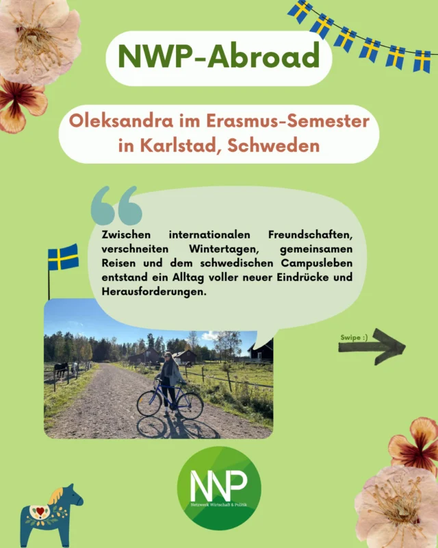 Hey ihr Liebe,  hier kommt der zweite Post zu "NWP-Abroad". ✈️
Diese Mal stellen wir Euch Oleksandra, aus dem 6. Fachsemester BWP vor. 🎓
Sie ist im Wintersemester 2025/2026 nach Schweden gegangen und hat in Karlstad ihre Zeit zwischen verschneiten Wintertagen ❄️ , schwedischem Campusleben 📚 und gemeinsamen Reisen 🧳 durchlebt.  Du möchtest mehr über die Erfahrungen lesen, die Oleksandra gemacht hat? 👀
➡️ Dann schau auf unserer Webseite vorbei (Link findest Du in der Story). Dort findest Du den ausführlichen Reisebericht von Oleksandra. 📝  Fährst Du auch ins Auslandssemster und möchtest bei der nächsten Runde "NWP-Abroad" teilnehmen? ✨
Dann lass es uns wissen - wir freuen und über Deinen Beitrag. 😊  Euer NWP-Vorstand 💚  #Berlin #HTWBerlin #Auslandssemester #Schweden #Abroad
