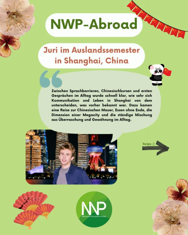 Hey ihr Lieben,  hier kommt der dritte Post zu "NWP-Abroad". ✈️
Dieses Mal stellen wir Euch Juri, aus dem 6. Fachsemester BWP vor. 🎓
Er ist im Wintersemester 2025/2026 nach China gegangen und hat in Shanghai seine Zeit zwischen Reisen 🧳, Essen 🥟 und ständigen Alltagsüberraschungen 🔆 durchlebt.  Du möchtest mehr über die Erfahrungen lesen, die Juri gemacht hat? 👀
➡️ Dann schau auf unserer Webseite vorbei (Link findest Du in der Story). Dort findest Du den ausführlichen Reisebericht von Juri. 📝  Fährst Du auch ins Auslandssemster und möchtest bei der nächsten Runde "NWP-Abroad" teilnehmen? ✨
Dann lass es uns wissen - wir freuen und über Deinen Beitrag. 😊  Euer NWP-Vorstand 💚  #Berlin #HTWBerlin #Auslandssemester #China #Abroad