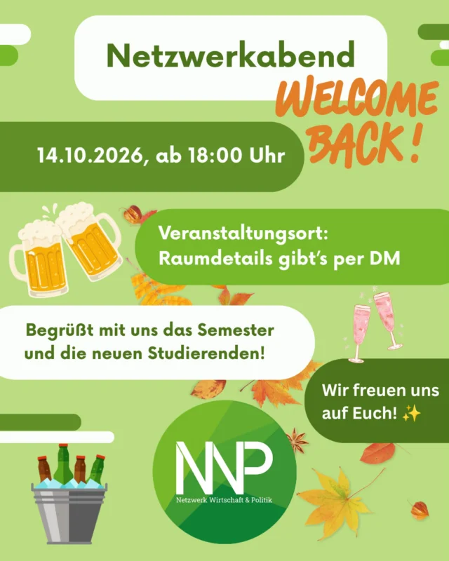 Das neue Semester startet – und das feiern wir! 🎉  📅 Mittwoch, 14.10.
🕕 ab 18 Uhr
📍 Location gibt's per DM  Kommt vorbei zu unserem Netzwerkabend zum Semesterbeginn! 💬 Bei Musik und preiswerten Kaltgetränken 🍷 könnt ihr euch austauschen, alte Gesichter wiedersehen und neue kennenlernen.  Ihr seid Erstis? Dann kommt direkt im Anschluss an „How to Erstsemester" mit! 🙌 Aber natürlich sind alle willkommen, die Zeit und Lust haben. 💚  Wir freuen uns auf euch! ✨
Euer NWP-Vorstand 🚀  #htwberlin #berlin #semester #party