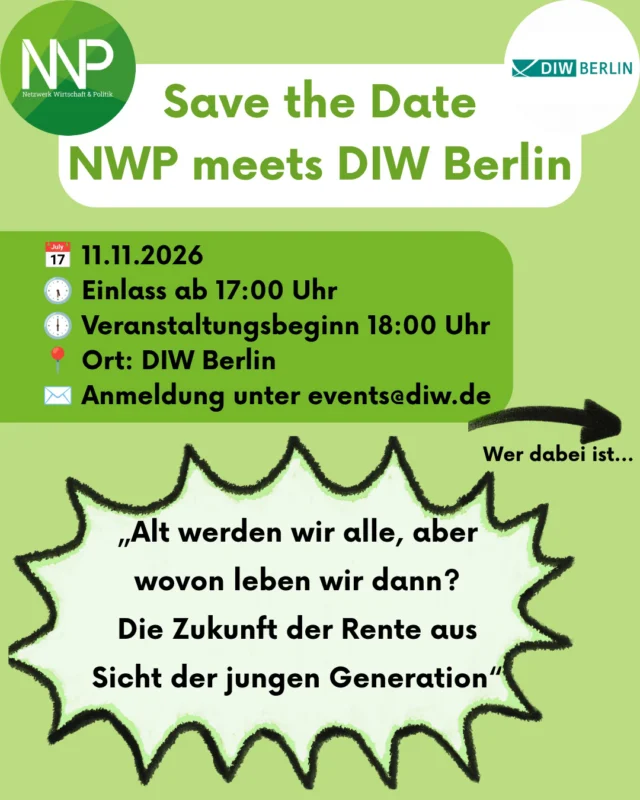 Alt werden wir alle, aber wovon leben wir dann? 👵💸  Wie sicher ist unsere Rente eigentlich noch? Werden wir immer länger arbeiten müssen? Und wie kann ein Rentensystem aussehen, das auch für unsere Generation gerecht und finanzierbar bleibt?  Mit diesen Fragen wollen wir uns bei unserer nächsten Veranstaltung beschäftigen!  Gemeinsam mit dem Deutschen Institut für Wirtschaftsforschung (DIW Berlin) veranstalten wir am 11. November eine Podiumsdiskussion zur Zukunft der Rente aus Sicht der jungen Generation. 🎤  Den Auftakt macht Marcel Fratzscher, Präsident des DIW Berlin, mit einer Keynote zu den aktuellen Herausforderungen unseres Rentensystems.  Anschließend diskutieren wir mit Vertreter*innen aus Wissenschaft und Politik über Generationengerechtigkeit, Rentenfinanzierung und mögliche Reformen.  Mit dabei sind:  🔹 Johannes Geyer – DIW Berlin  🔹 Prof. Dr. Camille Logeay – HTW Berlin, Mitglied der Rentenkommission  🔹 Sarah Vollath – MdB, Die Linke  🔹 Carl Mühlbach - Gründer und Geschäftsführer von Fiscal Future  📅 Wann? Mittwoch, 11.11.2026, 18:00–19:30 Uhr  📍 Wo? DIW Berlin, Anton-Wilhelm-Amo-Straße 58, Ostrom-Saal (1. OG)  📩 Anmeldung: unter events@diw.de  Die Teilnahme ist kostenlos!  Wir freuen uns auf einen spannenden Abend, unterschiedliche Perspektiven und vor allem auf den Austausch mit euch! 💬  Denn die Entscheidungen über die Rente von morgen betreffen uns schon heute.  Euer NWP 💚  #NWPBerlin #DIWBerlin #HTWBerlin #Rente #Generationengerechtigkeit #wirtschaftundpolitik